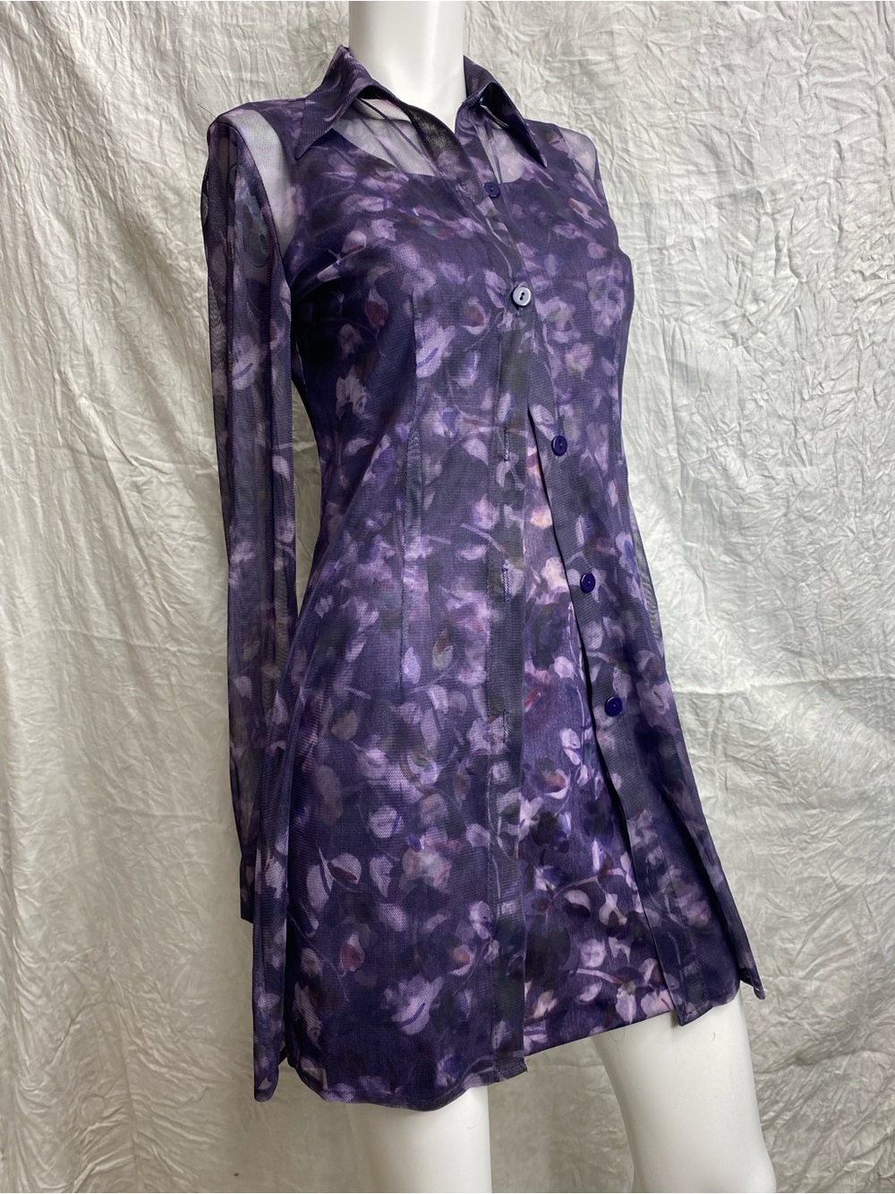 Vintage 90s IZ Byer Purple Floral Sheer Button-Front Women's Dress